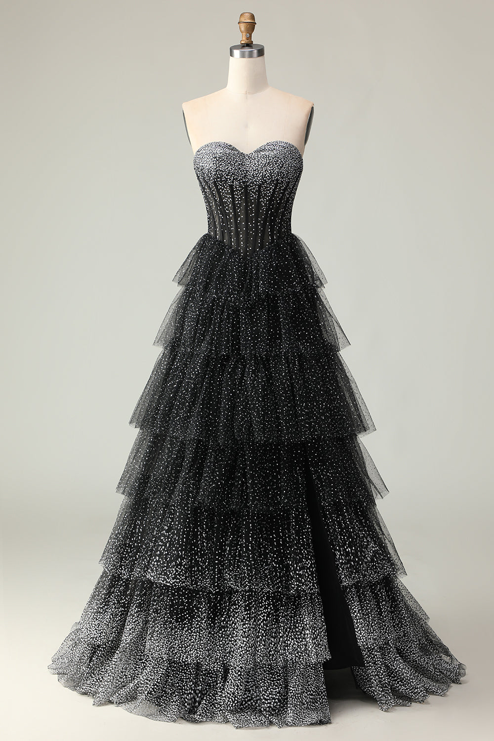 Zapaka Women Black and White Long Prom Dress with Ruffles A Line Sweetheart Corset Tiered Polka Dots Evening Dress with Slit ZAPAKA UK Zapaka Women Black and White Long Prom Dress with Ruffles A Line Sweetheart Corset Tiered Polka Dots Evening Dress with Slit ZAPAKA UK