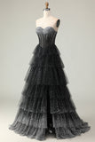 Black White Corset A Line Sweetheart Tiered Polka Dots Long Prom Dress with Ruffles
