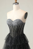 Black White Corset A Line Sweetheart Tiered Polka Dots Long Prom Dress with Ruffles