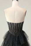 Black White Corset A Line Sweetheart Tiered Polka Dots Long Prom Dress with Ruffles