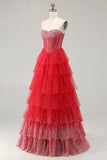 Red Corset A Line Sweetheart Tiered Polka Dots Long Prom Dress with Ruffles