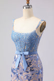 Mermaid Grey Blue Corset Appliqued Sequin Long Prom Dress with Bow