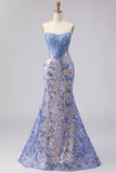 Grey Blue Strapless Mermaid Corset Long Prom Dress with Sequins