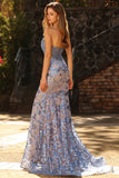 Strapless Mermaid Corset Grey Blue Embroidered Long Prom Dress with Sequins