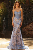 Strapless Mermaid Corset Grey Blue Embroidered Long Prom Dress with Sequins