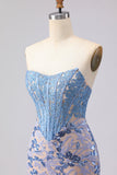 Grey Blue Strapless Mermaid Corset Long Prom Dress with Sequins