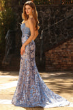 Strapless Mermaid Corset Grey Blue Embroidered Long Prom Dress with Sequins