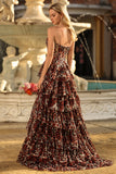 Brown Leopard Sweetheart A Line Tiered Long Prom Dress with Ruffles