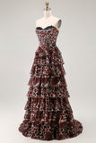 Brown Leopard A Line Sweetheart Tiered Long Prom Dress with Ruffles