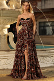 Brown Leopard Sweetheart A Line Tiered Long Prom Dress with Ruffles