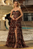 Brown Leopard Sweetheart A Line Tiered Long Prom Dress with Ruffles