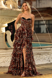 Brown Leopard Sweetheart A Line Tiered Long Prom Dress with Ruffles