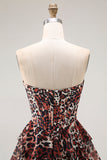 Brown Leopard A Line Sweetheart Tiered Long Prom Dress with Ruffles