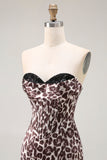 Coffee Leopard Mermaid Strapless Corset Long Prom Dress with Slit