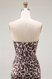 Coffee Leopard Mermaid Strapless Corset Long Prom Dress with Slit