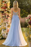 Blue A Line Strapless Convertible Corset Sequins Long Prom Dress with Removable Sleeves