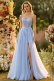 Blue A Line Strapless Convertible Corset Sequins Long Prom Dress with Removable Sleeves