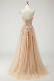 Champagne Strapless A Line Convertible Appliqued Long Prom Dress with Removable Sleeves