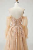 Champagne Strapless A Line Convertible Appliqued Long Prom Dress with Removable Sleeves