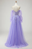 A Line Strapless Convertible Removable Sleeves Appliqued Long Purple Prom Dress with Slit
