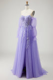 A Line Strapless Convertible Removable Sleeves Appliqued Long Purple Prom Dress with Slit