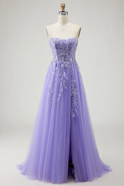 A Line Strapless Convertible Removable Sleeves Appliqued Long Purple Prom Dress with Slit