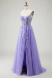 Blue A Line Strapless Convertible Corset Sequins Long Prom Dress with Removable Sleeves