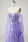 A Line Strapless Convertible Removable Sleeves Appliqued Long Purple Prom Dress with Slit
