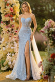 Blue Sweetheart Mermaid Beaded Corset Sequin Long Prom Dress with Slit