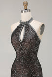 Sparkly Black Halter Mermaid Beaded Sequins Keyhole Long Prom Dress with Slit