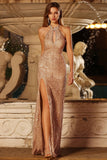 Champagne Sequins Halter Mermaid Beaded Keyhole Long Prom Dress with Slit