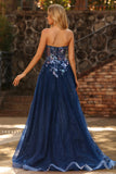 Navy Strapless Sheer Corset A Line Long Tulle Prom Dress with Sequins