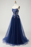 Navy Strapless A Line Sheer Corset Applique Tulle Long Prom Dress with Sequins