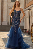 Blue Sheer Corset Mermaid Embroidered Long Prom Dress with Lace Up Open Back