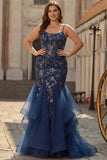 Navy Mermaid Embroidered Corset Plus Size Long Prom Dress with Lace Up Back
