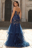 Navy Mermaid Embroidered Corset Plus Size Long Prom Dress with Lace Up Back