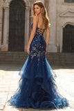 Blue Sheer Corset Mermaid Embroidered Long Prom Dress with Lace Up Open Back