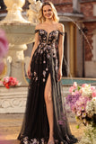 Black Off the Shoulder Appliqued Corset A Line Long Sequin Long Prom Dress
