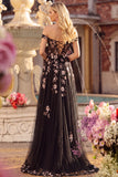 Black Off the Shoulder Appliqued Corset A Line Long Sequin Long Prom Dress