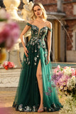Off The Shoulder Dark Green A Line Corset Long Long Prom Dress with Sequins