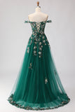 Off The Shoulder Dark Green A Line Corset Long Long Prom Dress with Sequins