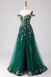 Off The Shoulder Dark Green A Line Corset Long Long Prom Dress with Sequins