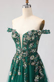 Off The Shoulder Dark Green A Line Corset Long Long Prom Dress with Sequins