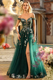 Dark Green Off the Shoulder Appliqued Corset A Line Long Sequin Long Prom Dress