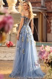 Black Off the Shoulder Appliqued Corset A Line Long Sequin Long Prom Dress