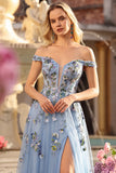 Black Off the Shoulder Appliqued Corset A Line Long Sequin Long Prom Dress
