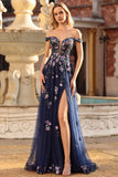 Black Off the Shoulder Appliqued Corset A Line Long Sequin Long Prom Dress