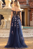 Black Off the Shoulder Appliqued Corset A Line Long Sequin Long Prom Dress