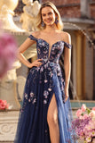 Black Off the Shoulder Appliqued Corset A Line Long Sequin Long Prom Dress