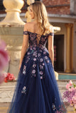 Black Off the Shoulder Appliqued Corset A Line Long Sequin Long Prom Dress